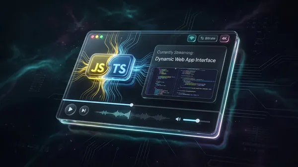 A clean, dark-themed media player interface blending with TypeScript code