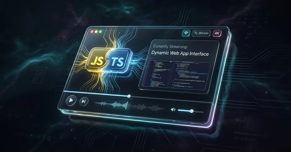 A clean, dark-themed media player interface blending with TypeScript code